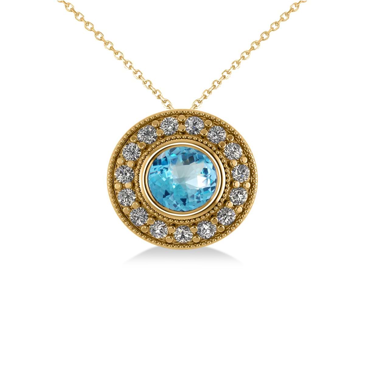 Round Blue Topaz & Diamond Halo Pendant Necklace 14k Yellow Gold (1.81ct)