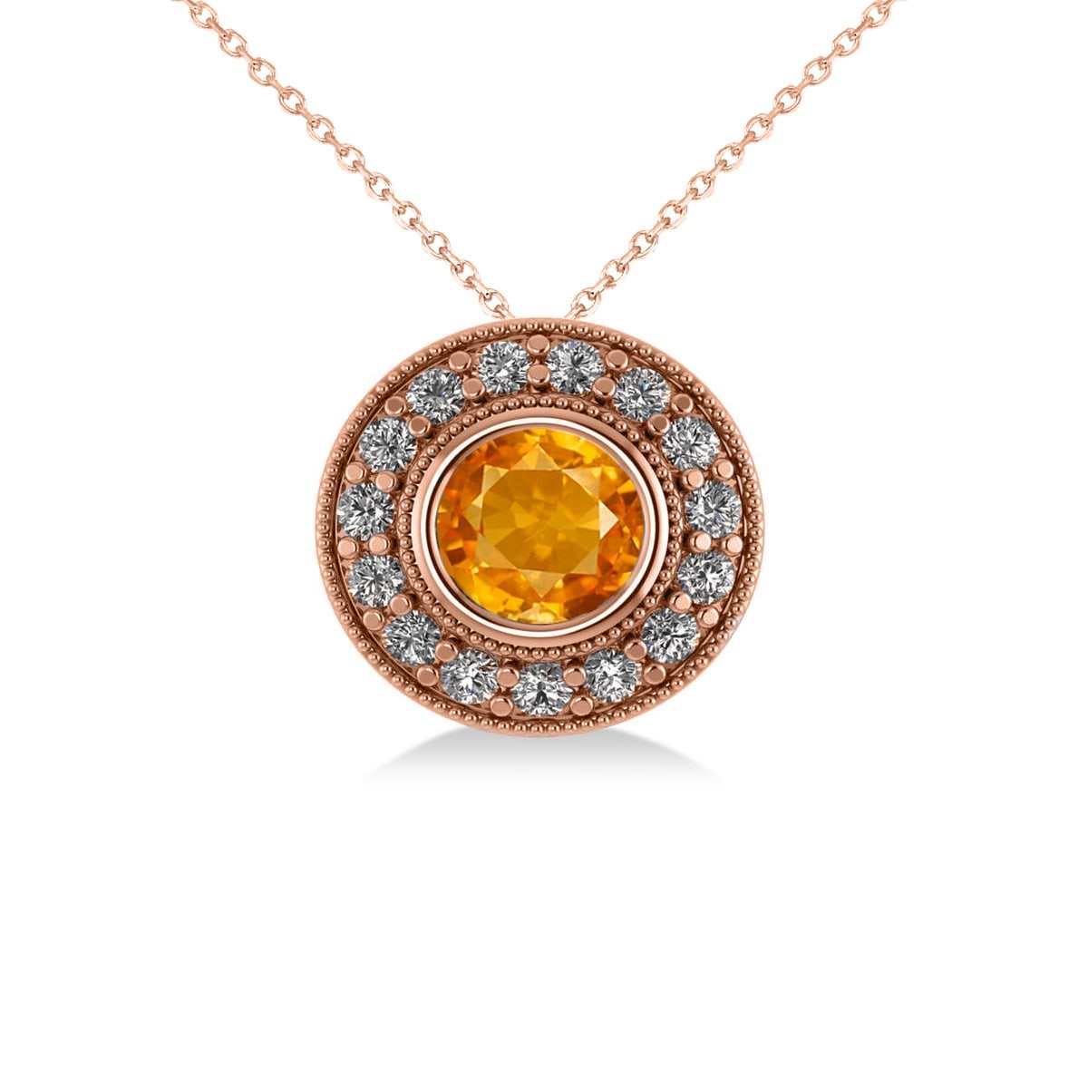 Round Citrine & Diamond Halo Pendant Necklace 14k Rose Gold (1.55ct)