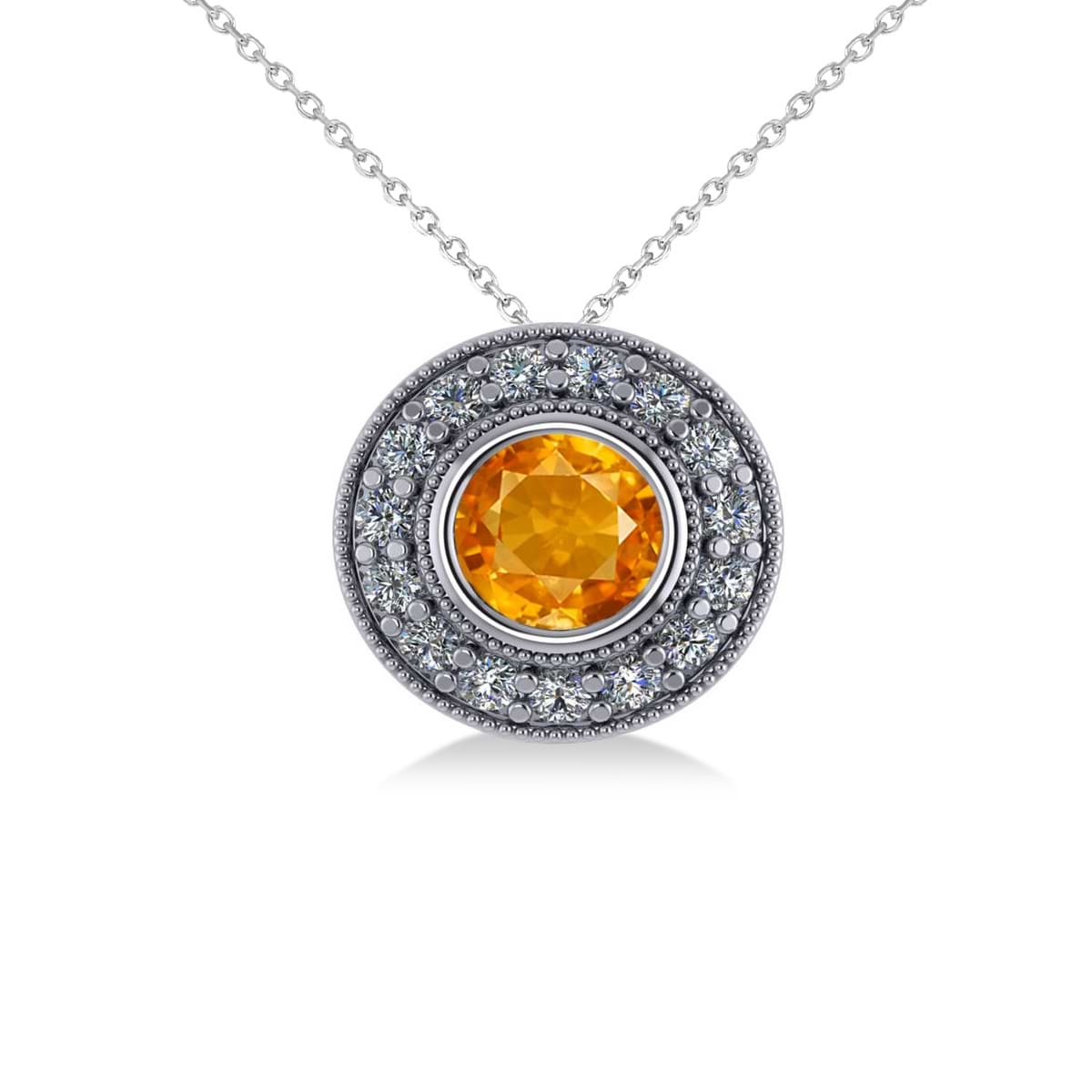 Round Citrine & Diamond Halo Pendant Necklace 14k White Gold (1.55ct)