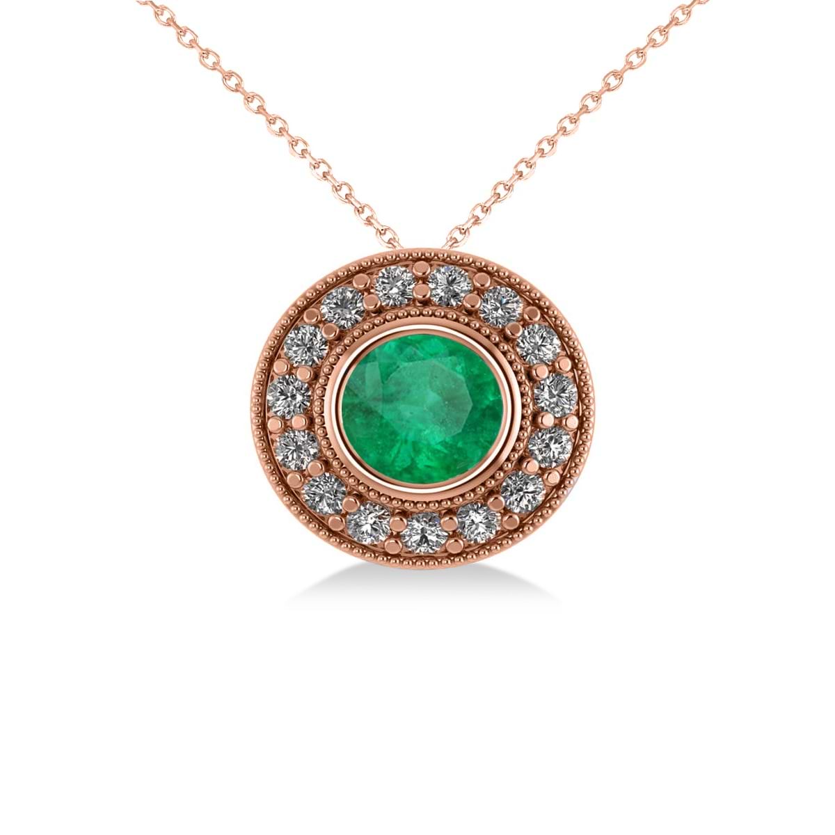 Round Emerald & Diamond Halo Pendant Necklace 14k Rose Gold (1.71ct)