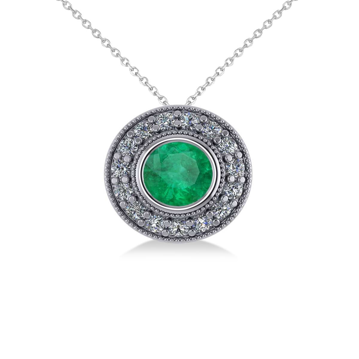 Round Emerald & Diamond Halo Pendant Necklace 14k White Gold (1.71ct)