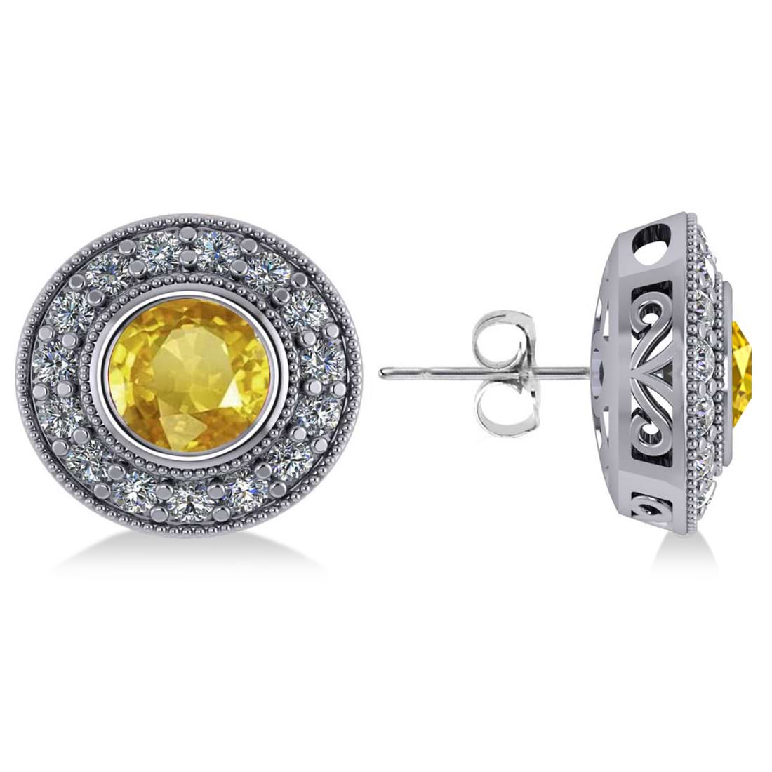 Yellow Sapphire & Diamond Halo Round Earrings 14k White Gold (3.72ct)