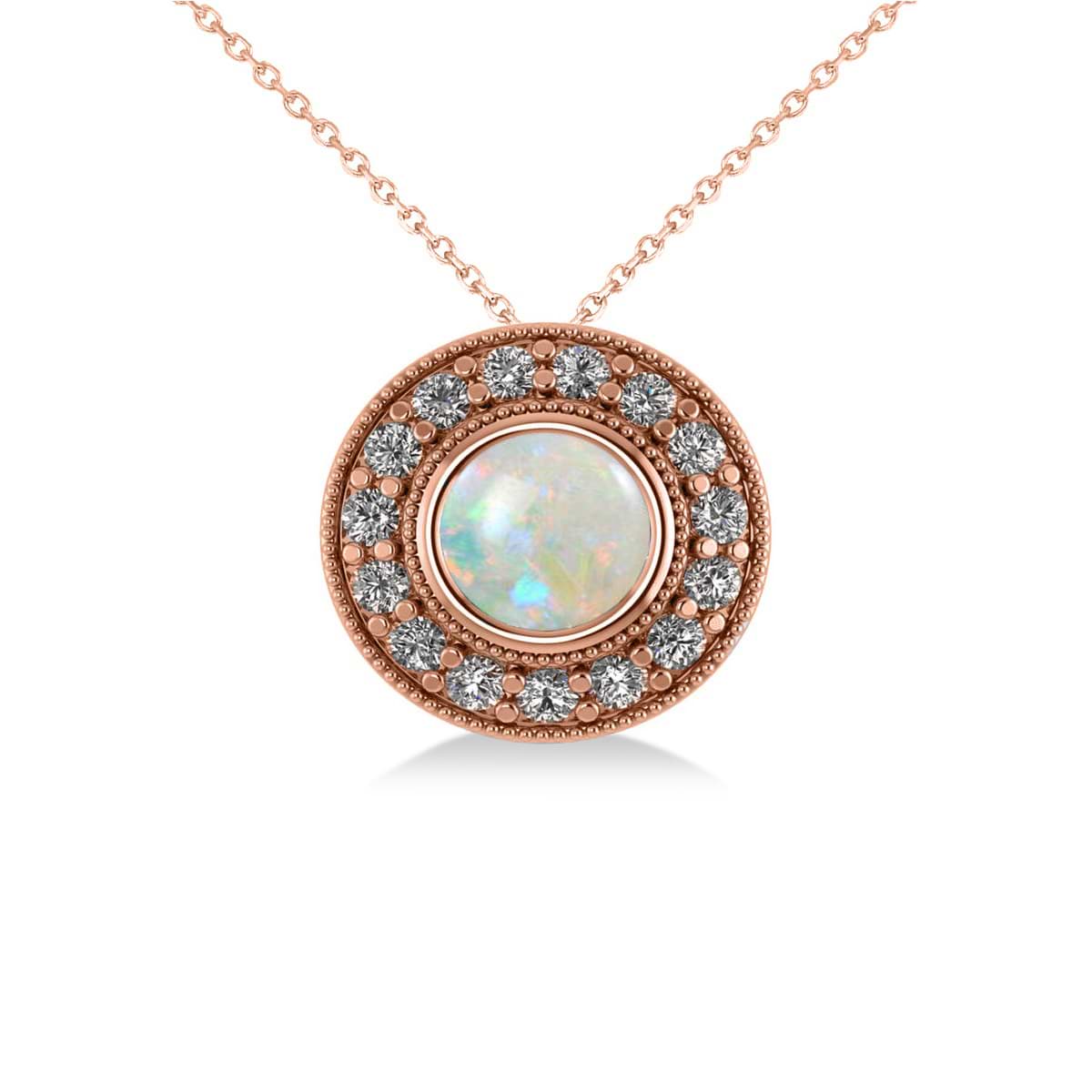 Round Opal & Diamond Halo Pendant Necklace 14k Rose Gold (1.20ct)