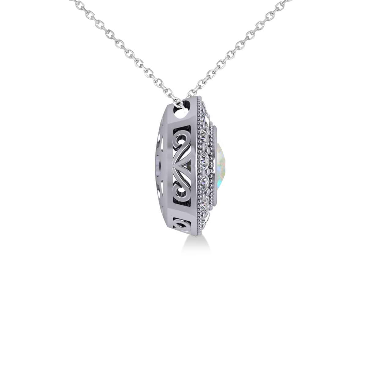 Round Opal & Diamond Halo Pendant Necklace 14k White Gold (1.20ct)
