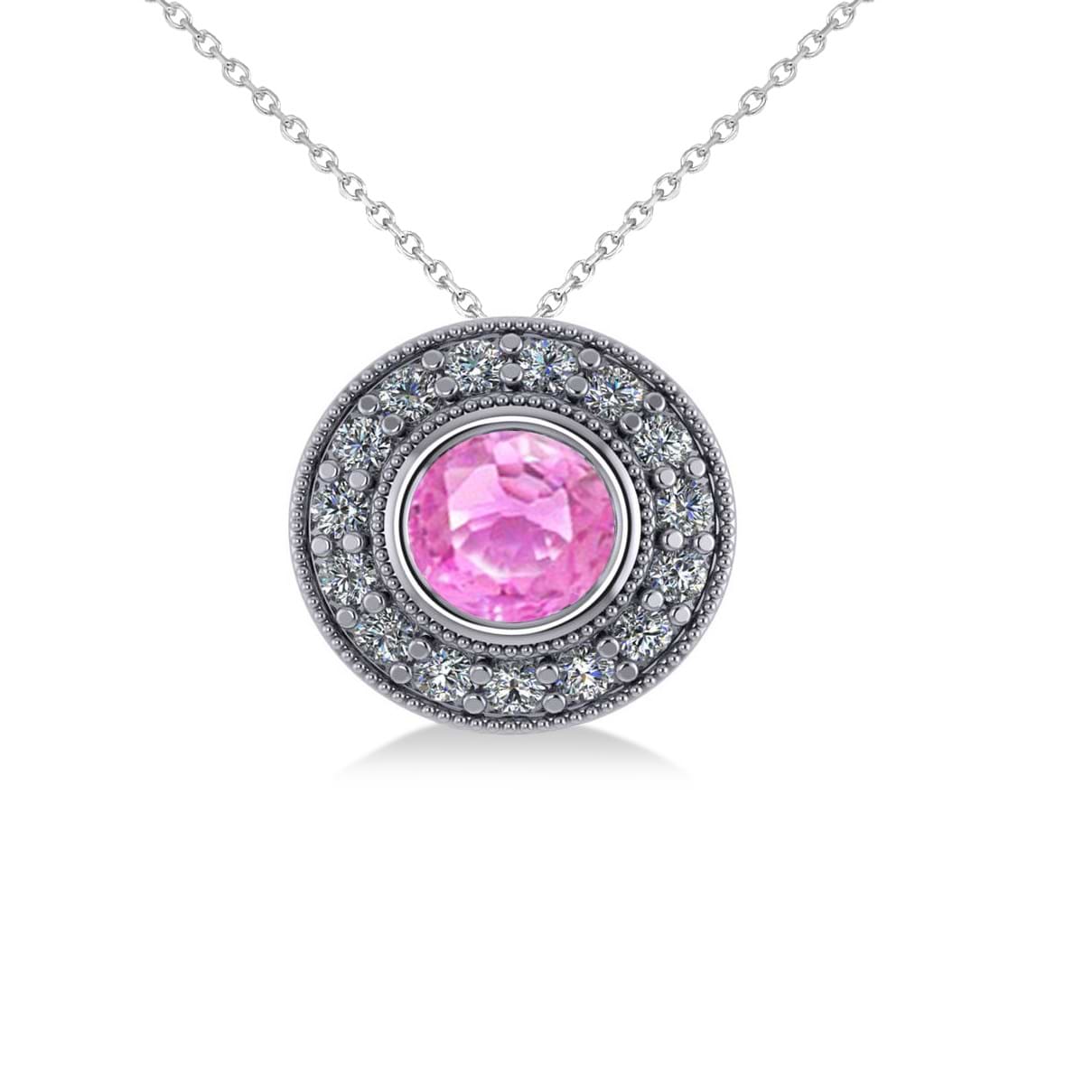 Round Pink Sapphire & Diamond Halo Pendant Necklace 14k White Gold (1.86ct)