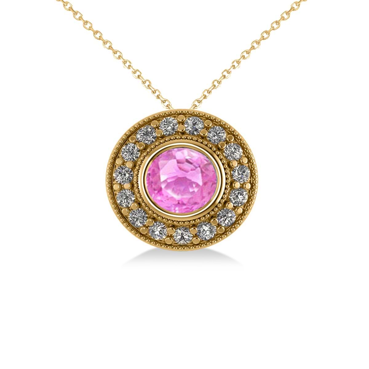 Round Pink Sapphire & Diamond Halo Pendant Necklace 14k Yellow Gold (1.86ct)