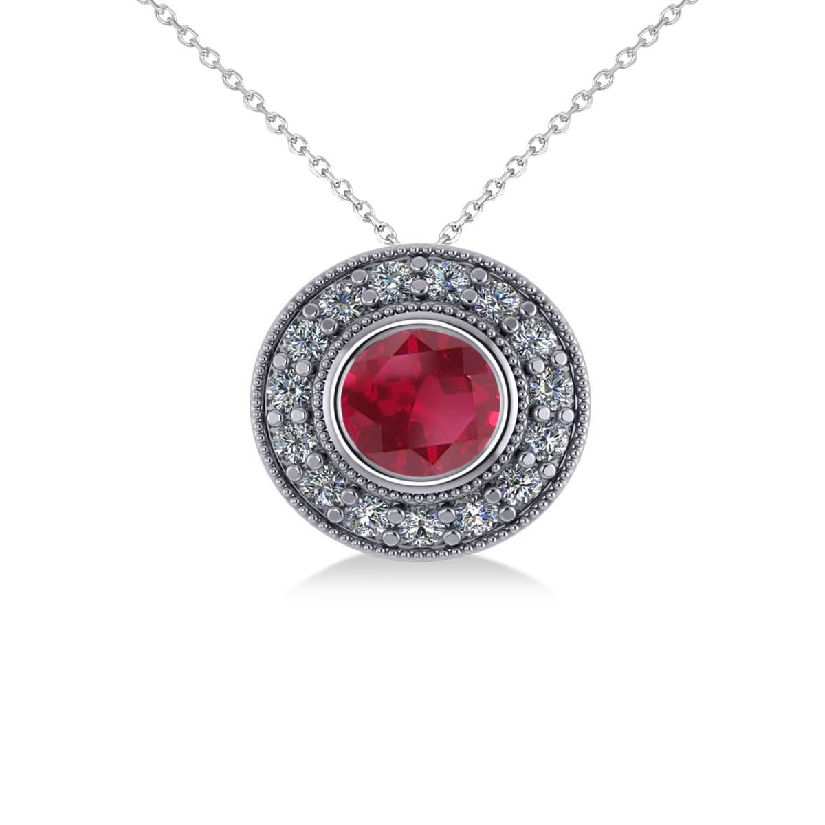 Round Ruby & Diamond Halo Pendant Necklace 14k White Gold (1.86ct)