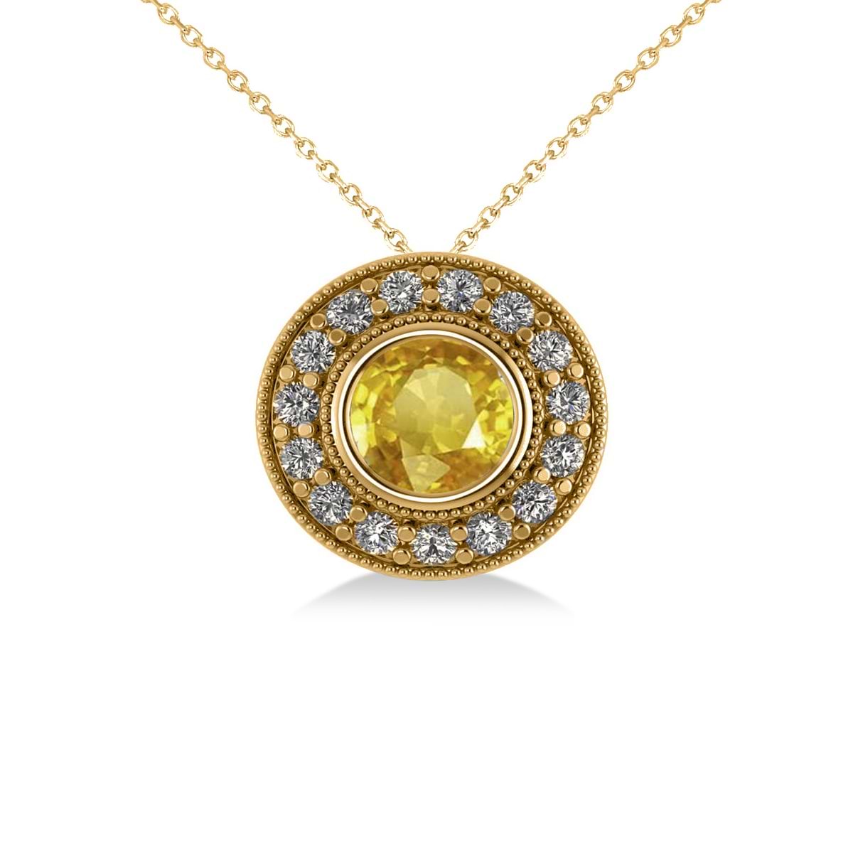 Round Yellow Sapphire & Diamond Halo Pendant Necklace 14k Round Yellow Gold (1.86ct)