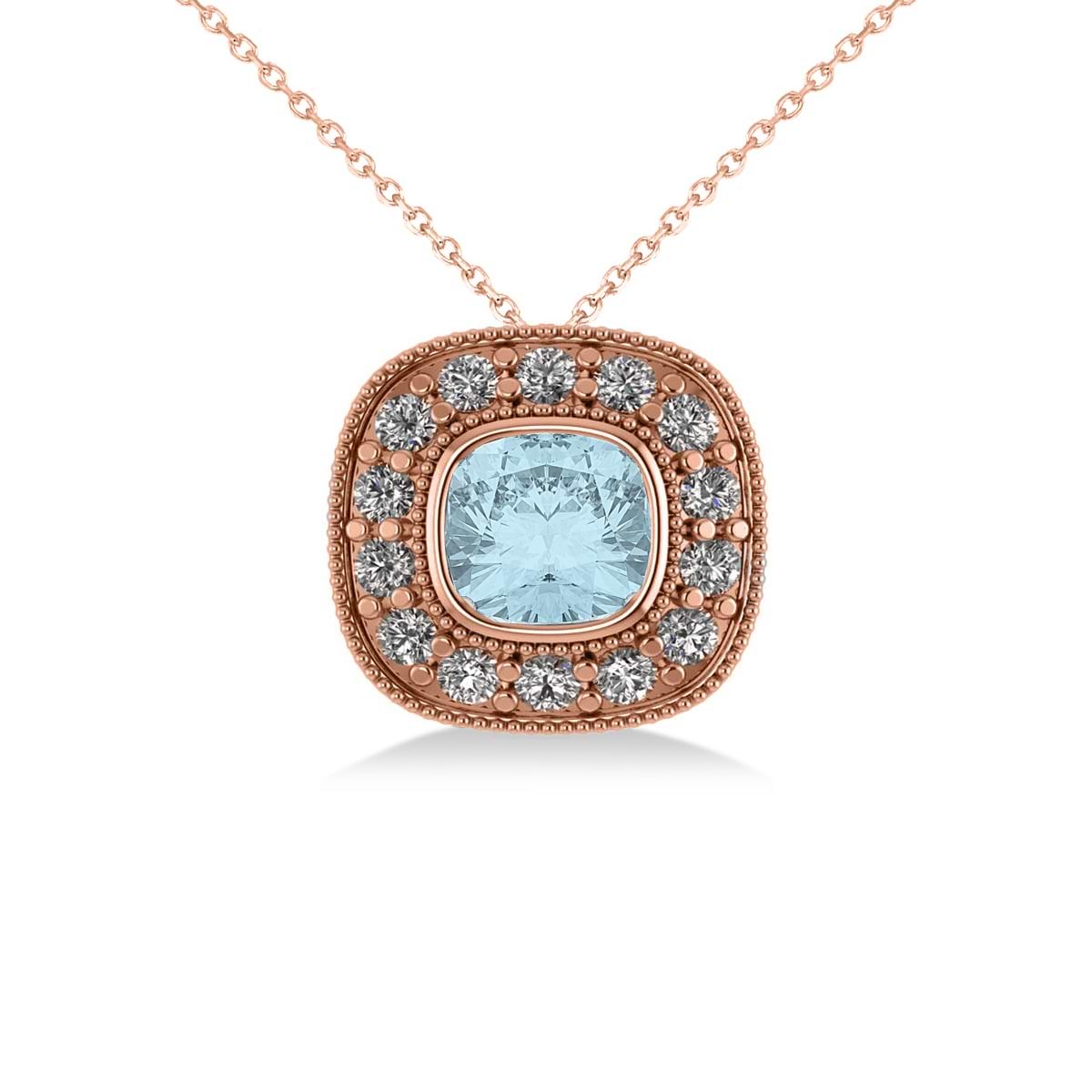 Aquamarine & Diamond Halo Cushion Pendant Necklace 14k Rose Gold (1.23ct)