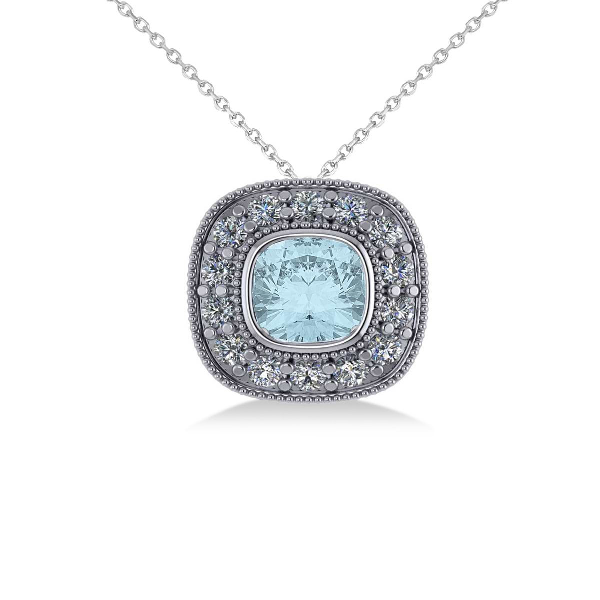 Aquamarine & Diamond Halo Cushion Pendant Necklace 14k White Gold (1.23ct)