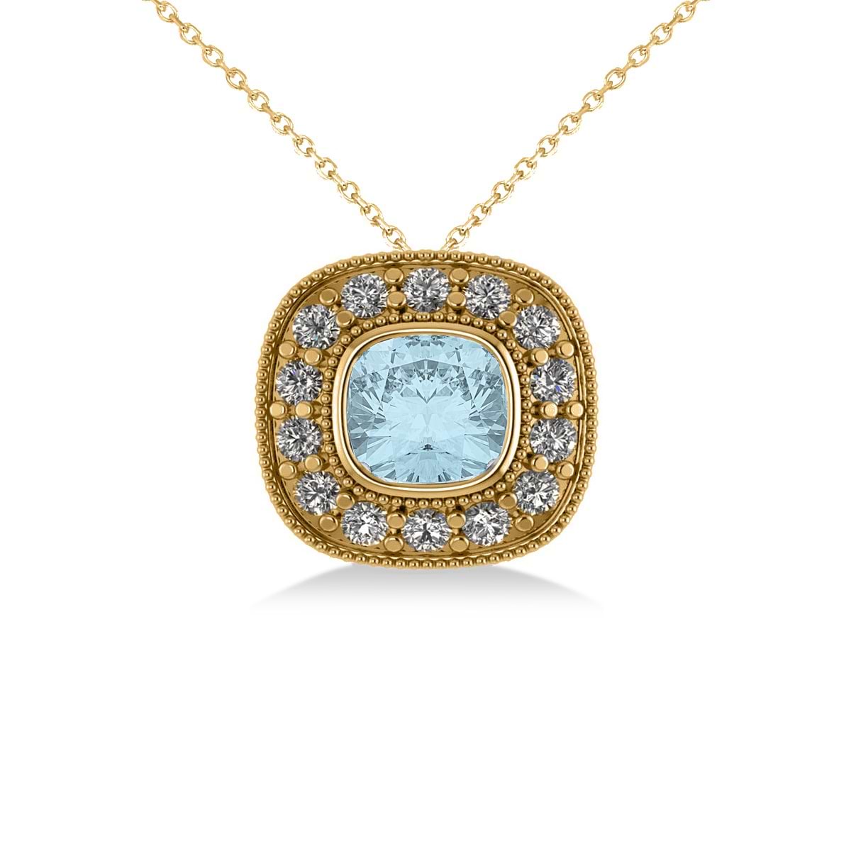 Aquamarine & Diamond Halo Cushion Pendant Necklace 14k Yellow Gold (1.23ct)