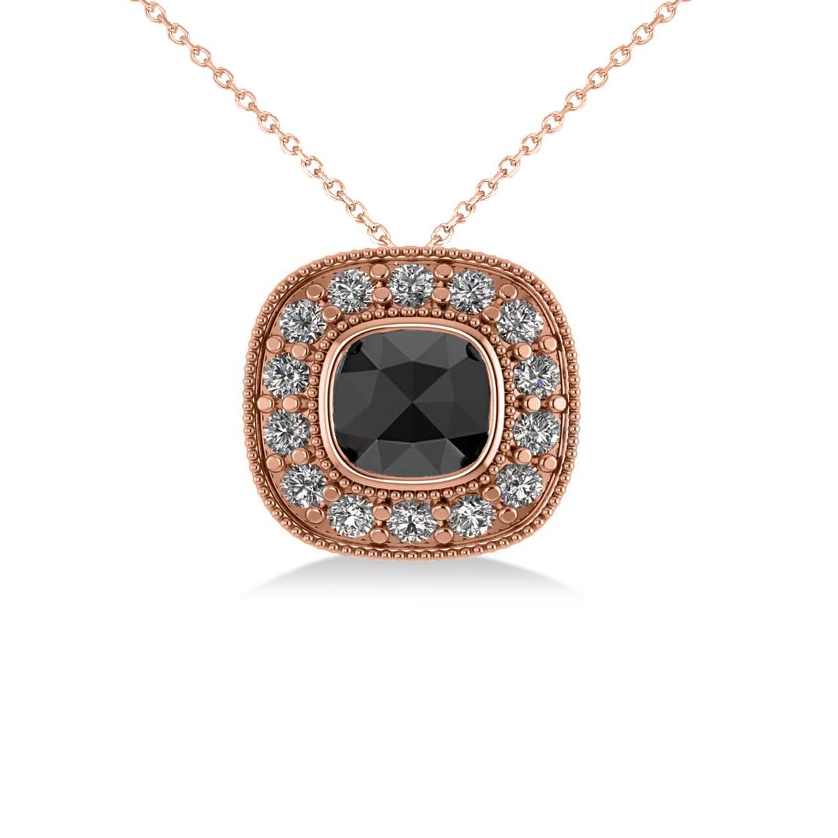 Black Diamond & Diamond Halo Cushion Pendant Necklace 14k Rose Gold (1.26ct)