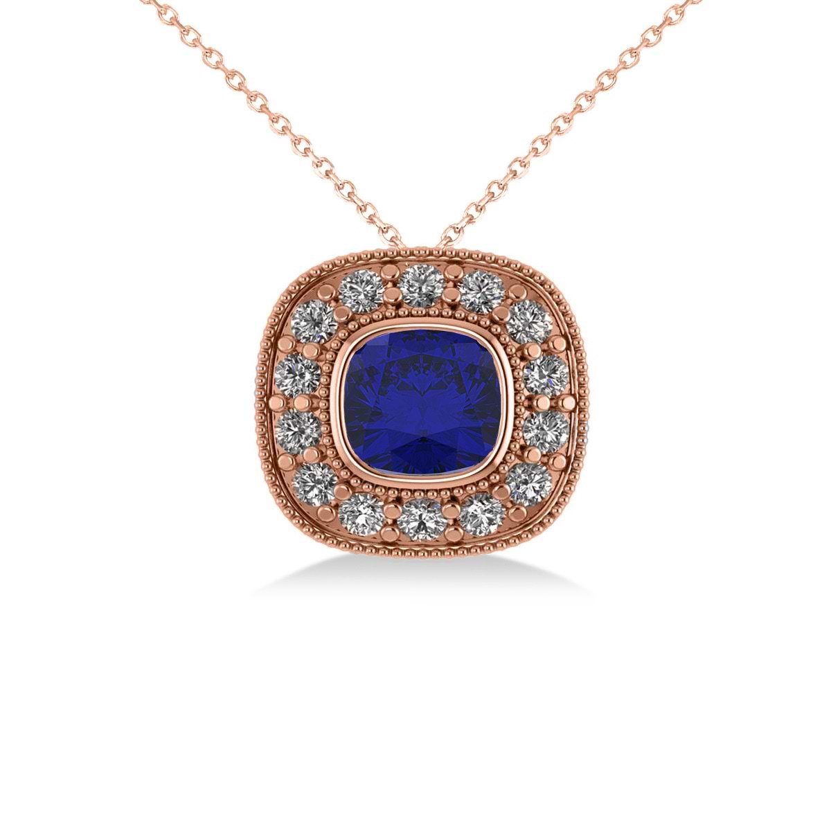 Blue Sapphire & Diamond Halo Cushion Pendant Necklace 14k Rose Gold (1.62ct)