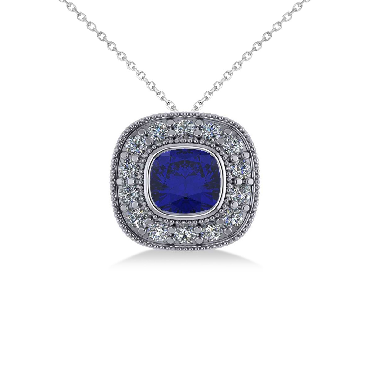 Blue Sapphire & Diamond Halo Cushion Pendant Necklace 14k White Gold (1.62ct)