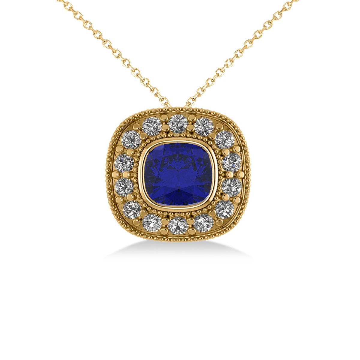 Blue Sapphire & Diamond Halo Cushion Pendant Necklace 14k Yellow Gold (1.62ct)