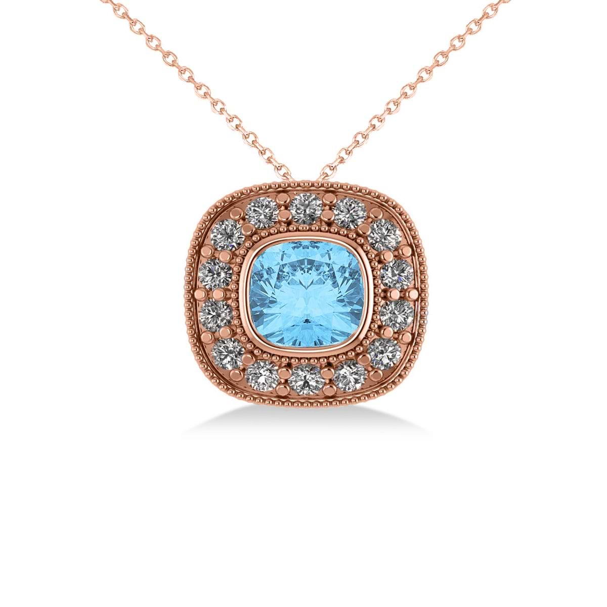 Blue Topaz & Diamond Halo Cushion Pendant Necklace 14k Rose Gold (1.67ct)
