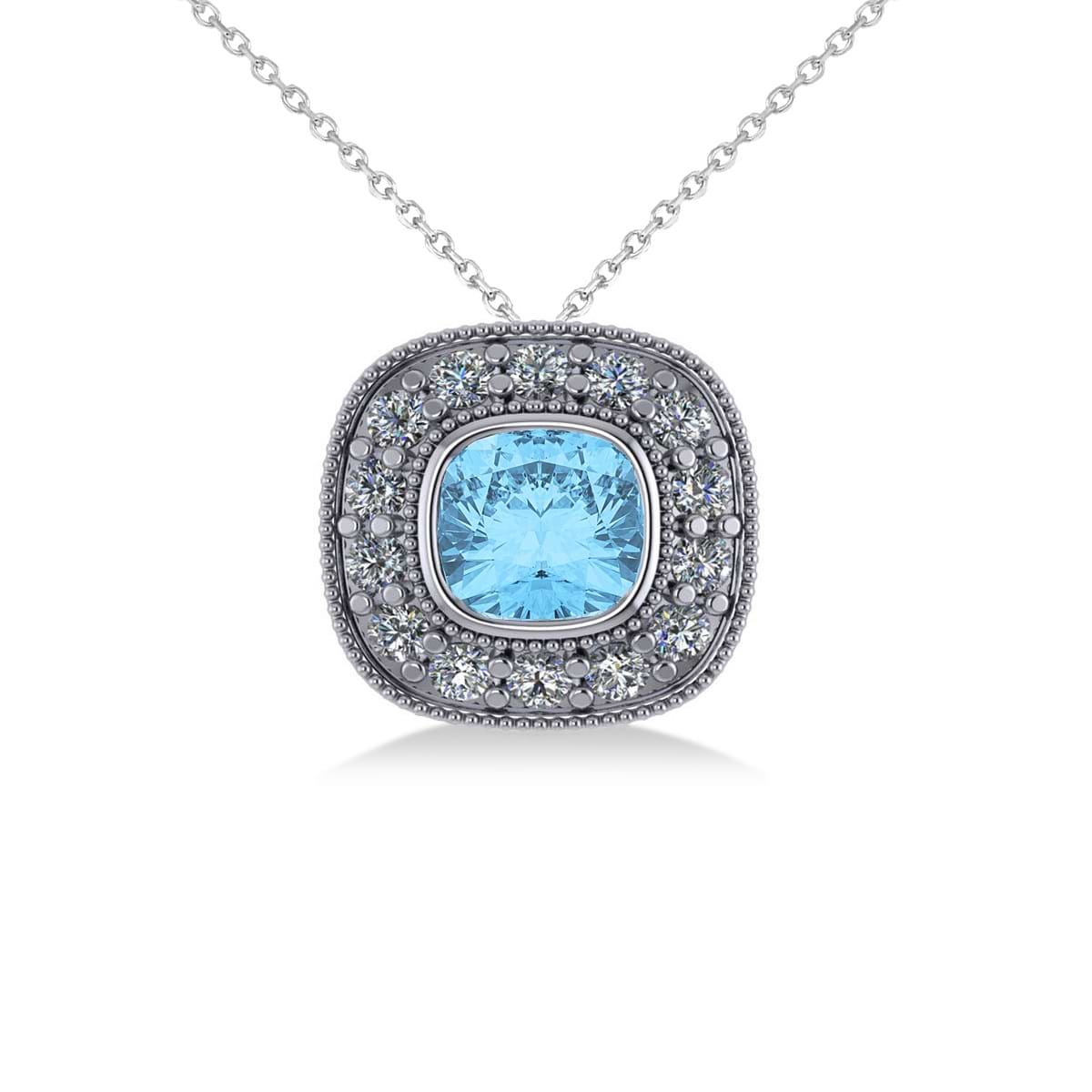 Blue Topaz & Diamond Halo Cushion Pendant Necklace 14k White Gold (1.67ct)