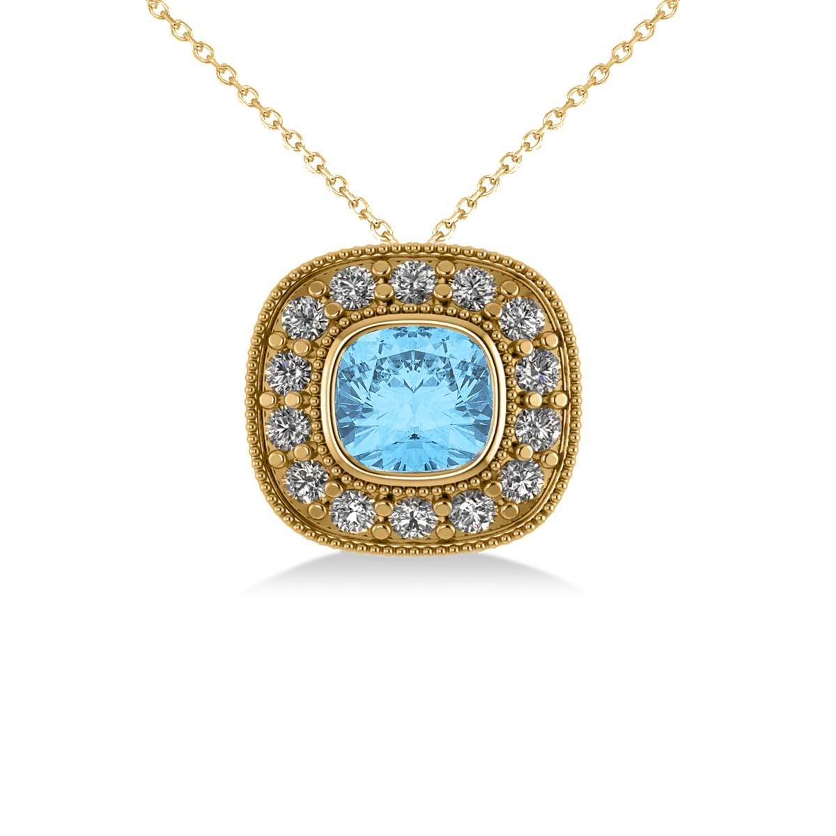 Blue Topaz & Diamond Halo Cushion Pendant Necklace 14k Yellow Gold (1.67ct)