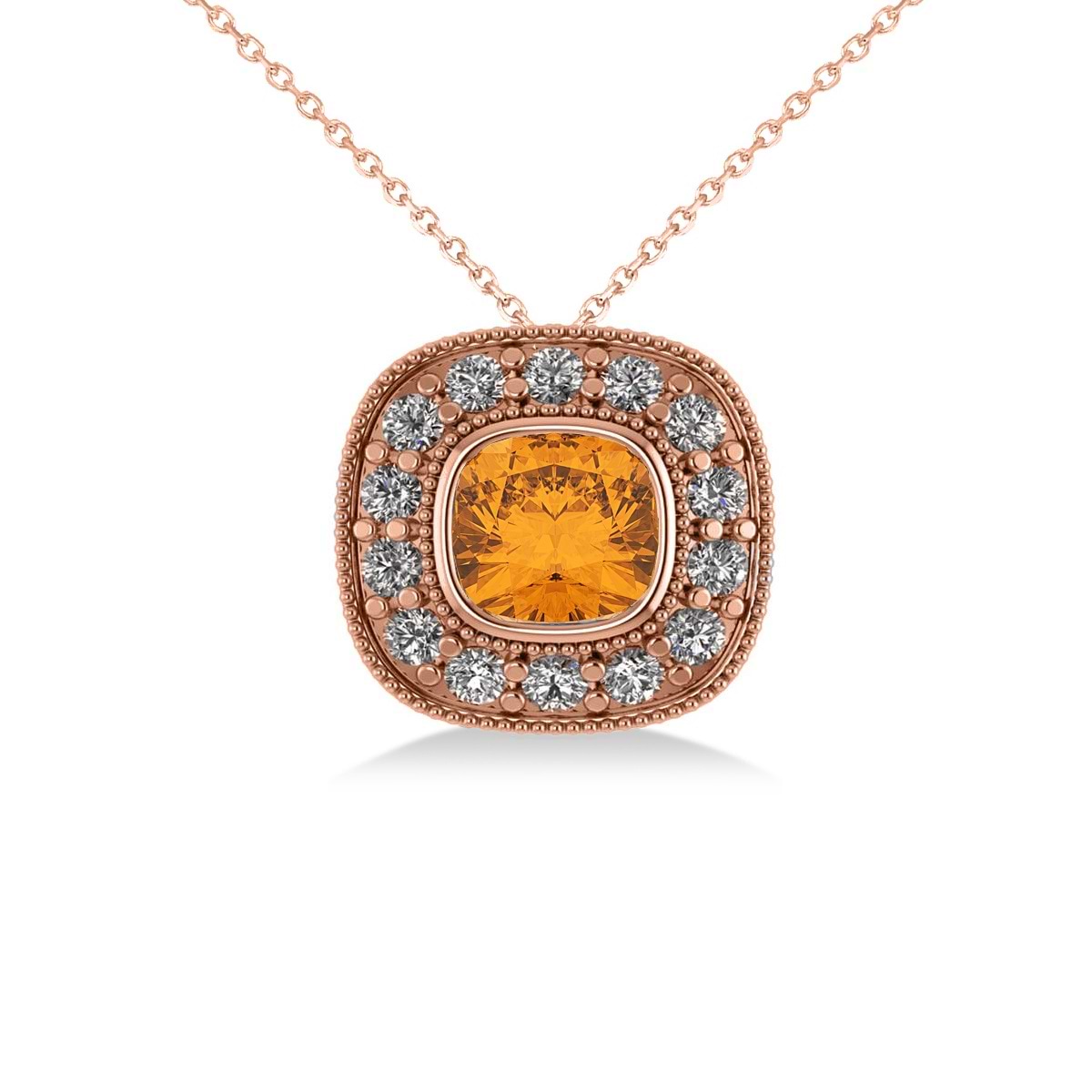 Citrine & Diamond Halo Cushion Pendant Necklace 14k Rose Gold (1.27ct)