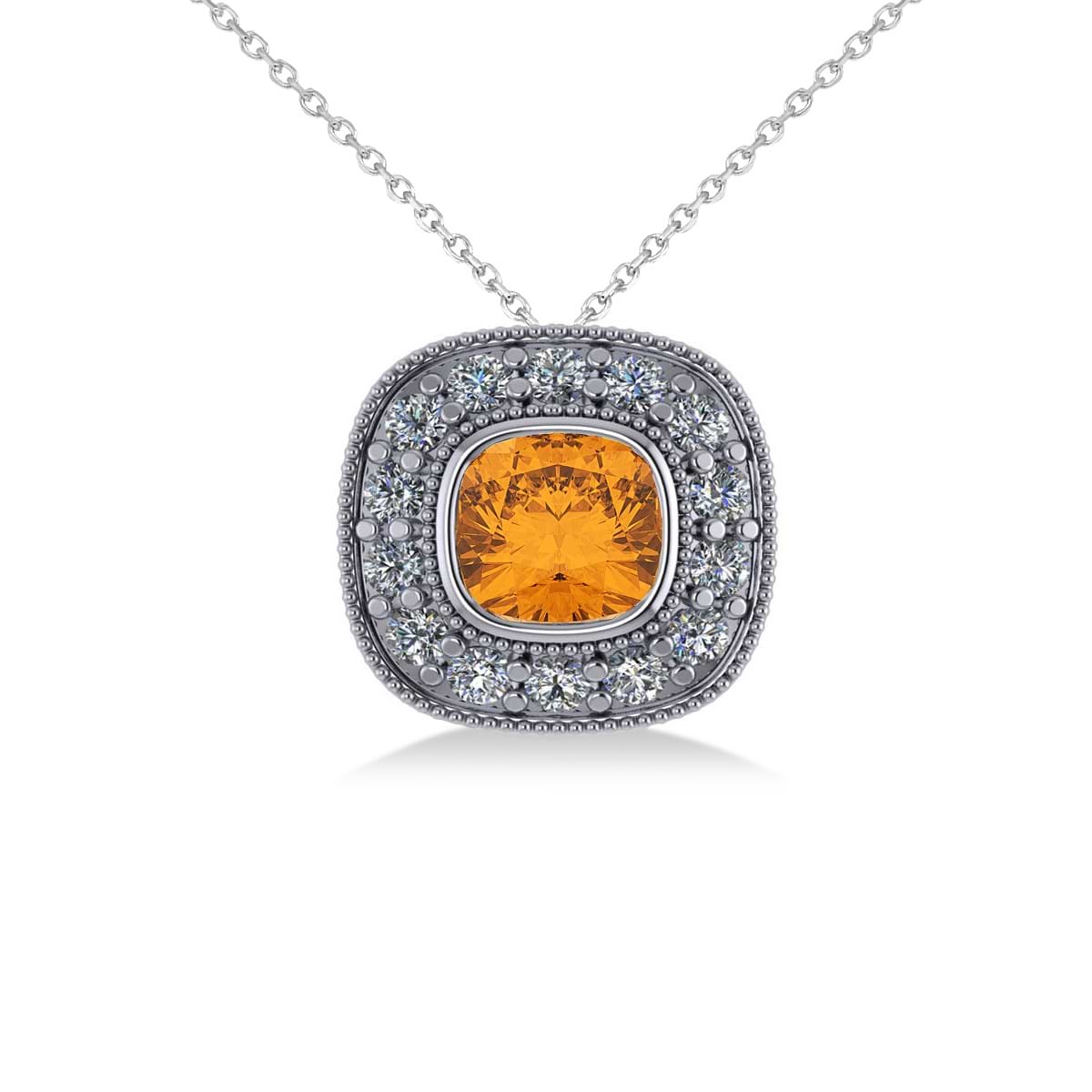 Citrine & Diamond Halo Cushion Pendant Necklace 14k White Gold (1.27ct)