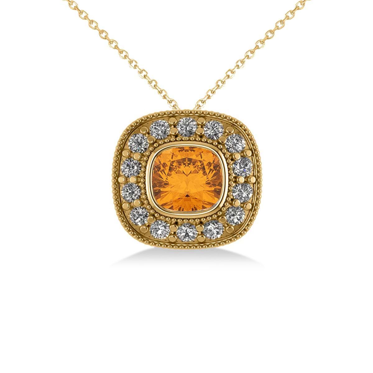 Citrine & Diamond Halo Cushion Pendant Necklace 14k Yellow Gold (1.27ct)