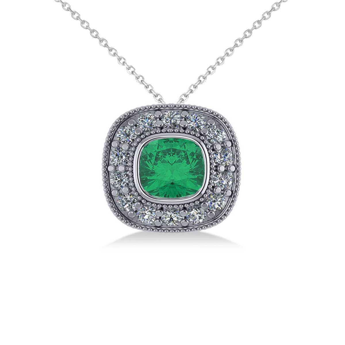 Emerald & Diamond Halo Cushion Pendant Necklace 14k White Gold (1.22ct)
