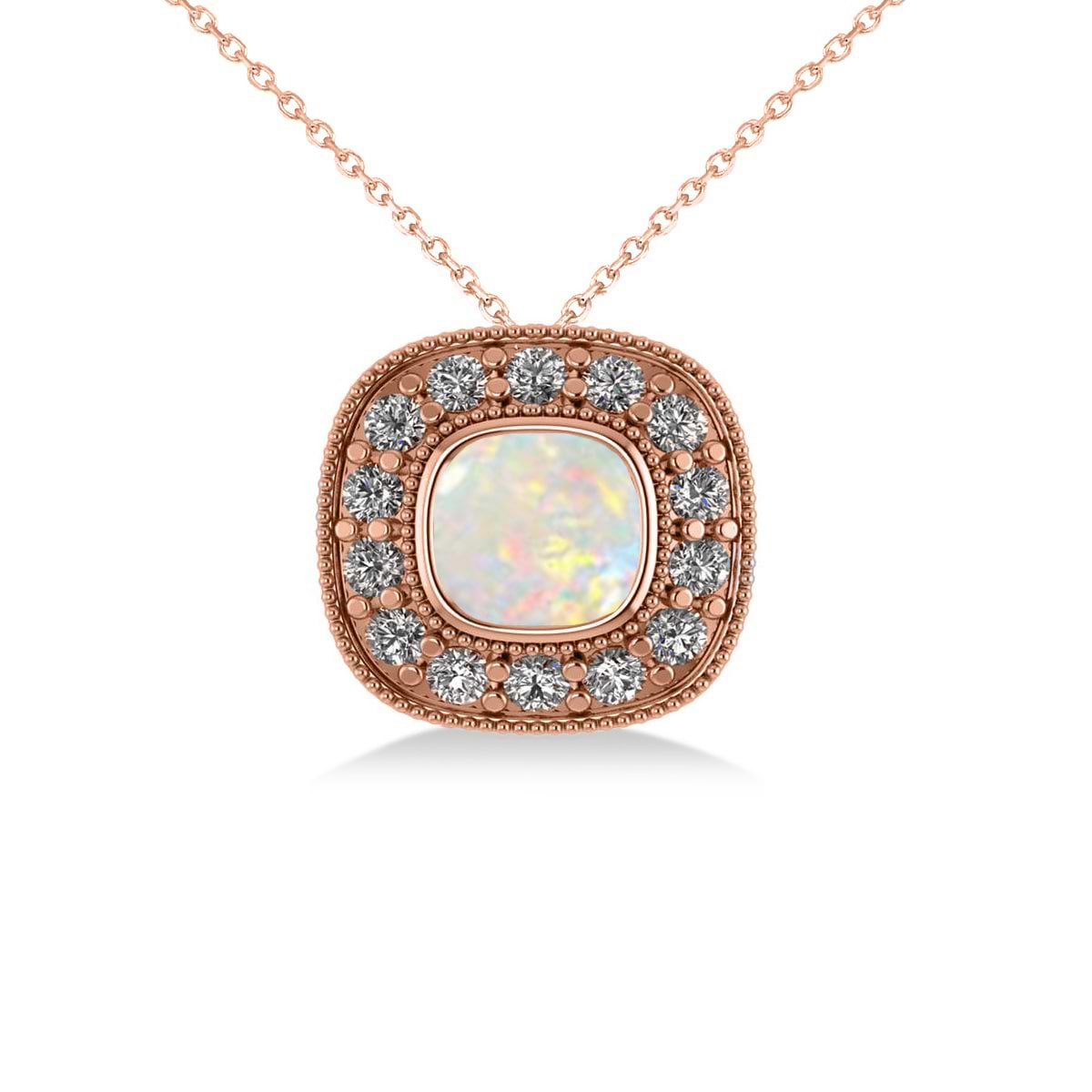 Opal & Diamond Halo Cushion Pendant Necklace 14k Rose Gold (0.97ct)