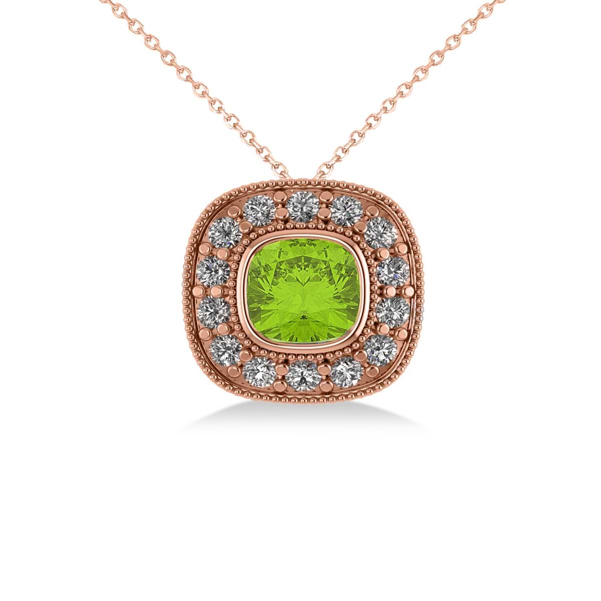 Peridot & Diamond Halo Cushion Pendant Necklace 14k Rose Gold (1.52ct)