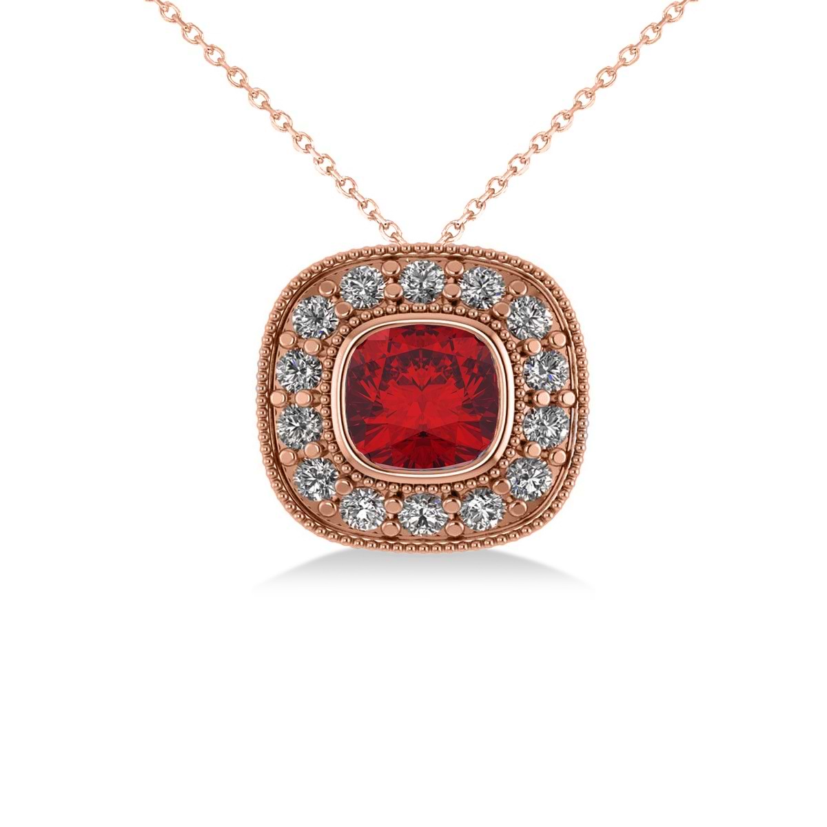 Ruby & Diamond Halo Cushion Pendant Necklace 14k Rose Gold (1.62ct)