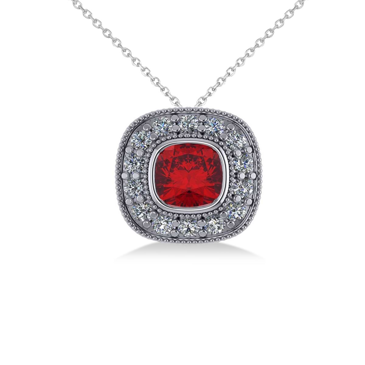 Ruby & Diamond Halo Cushion Pendant Necklace 14k White Gold (1.62ct)