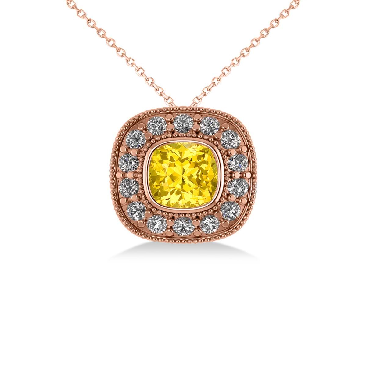 Yellow Sapphire & Diamond Halo Cushion Pendant Necklace 14k Rose Gold (1.62ct)