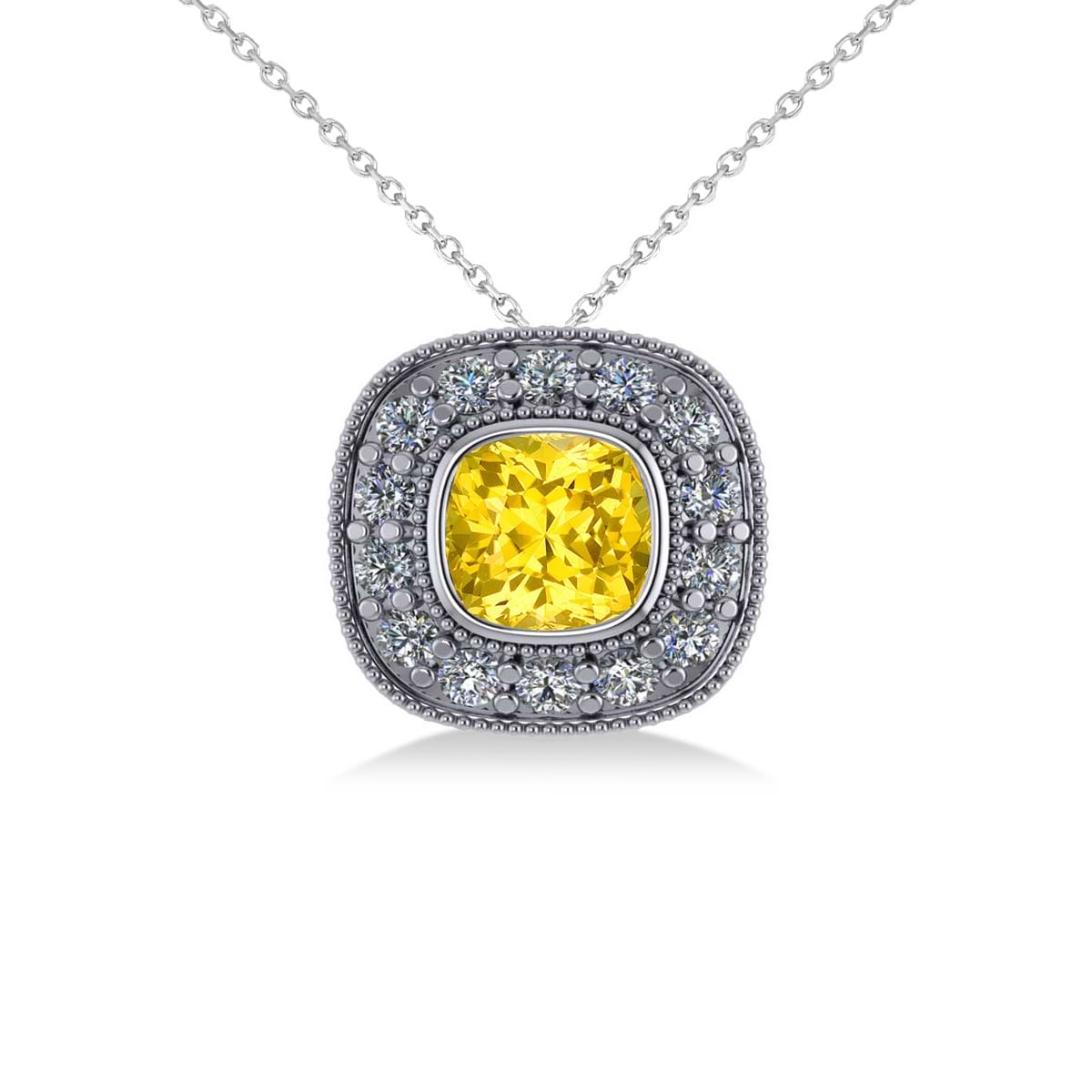 Yellow Sapphire & Diamond Halo Cushion Pendant Necklace 14k White Gold (1.62ct)