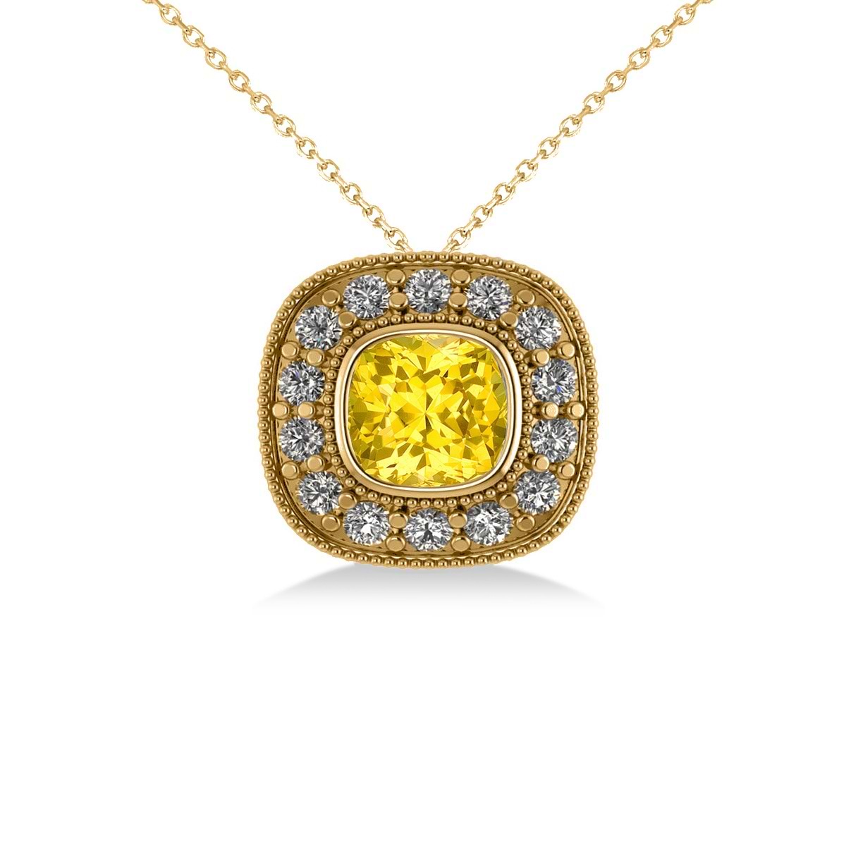 Yellow Sapphire & Diamond Halo Cushion Pendant Necklace 14k Yellow Gold (1.62ct)