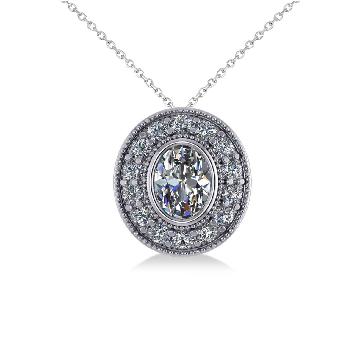 Diamond Halo Oval Pendant Necklace 14k White Gold (1.18ct)