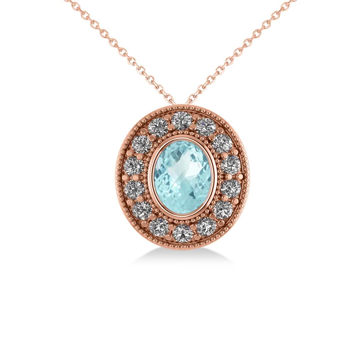 Aquamarine & Diamond Halo Oval Pendant Necklace 14k Rose Gold (1.17ct)