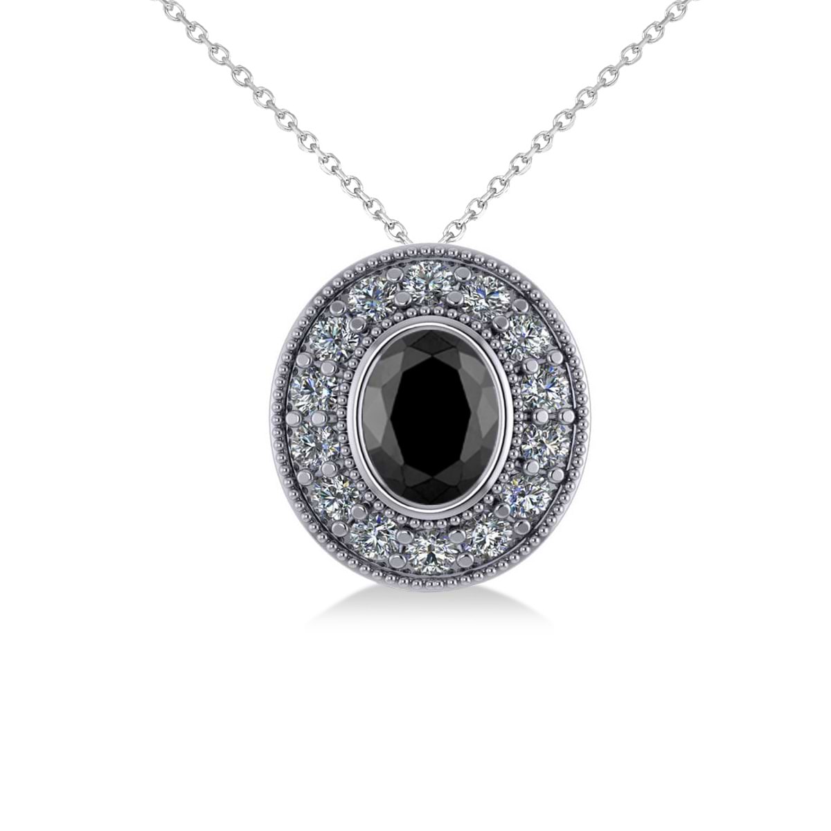 Black Diamond & Diamond Halo Oval Pendant Necklace 14k White Gold (1.18ct)