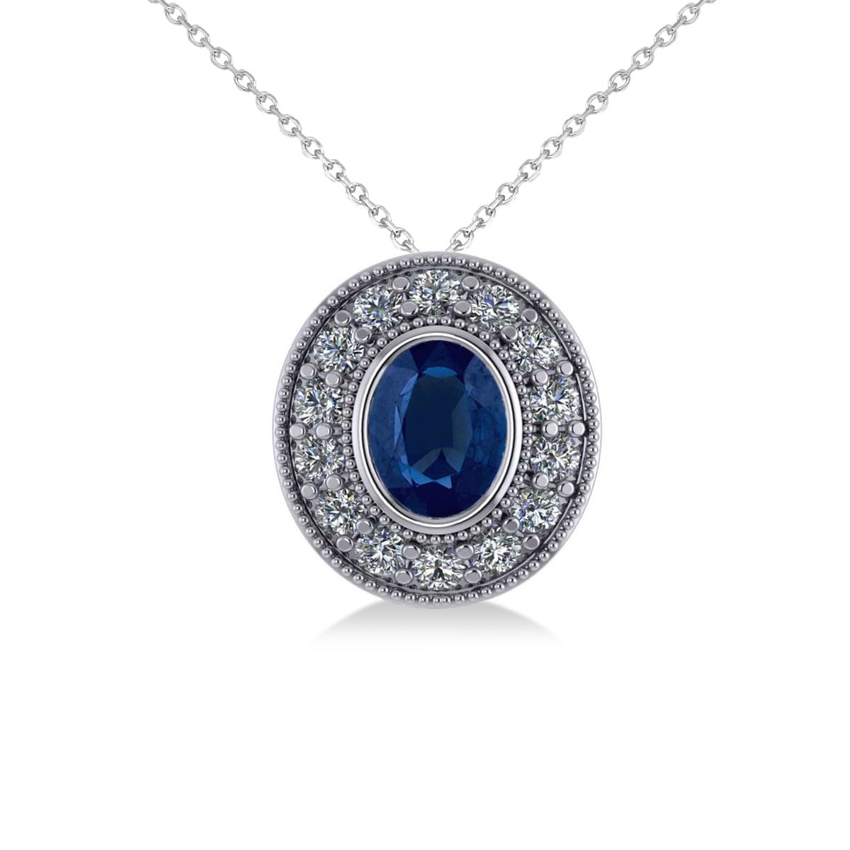Blue Sapphire & Diamond Halo Oval Pendant Necklace 14k White Gold (1.42ct)