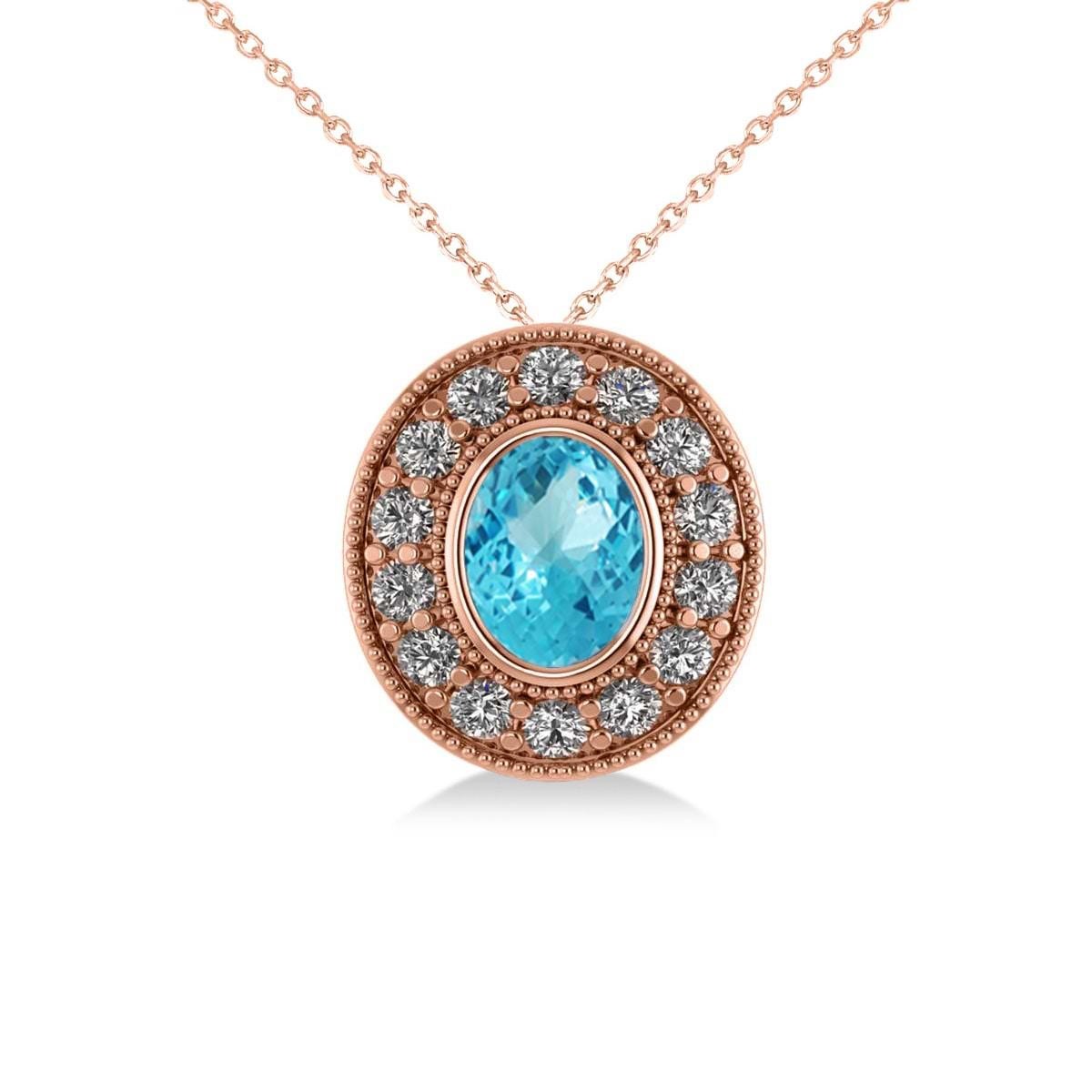 Blue Topaz & Diamond Halo Oval Pendant Necklace 14k Rose Gold (1.52ct)