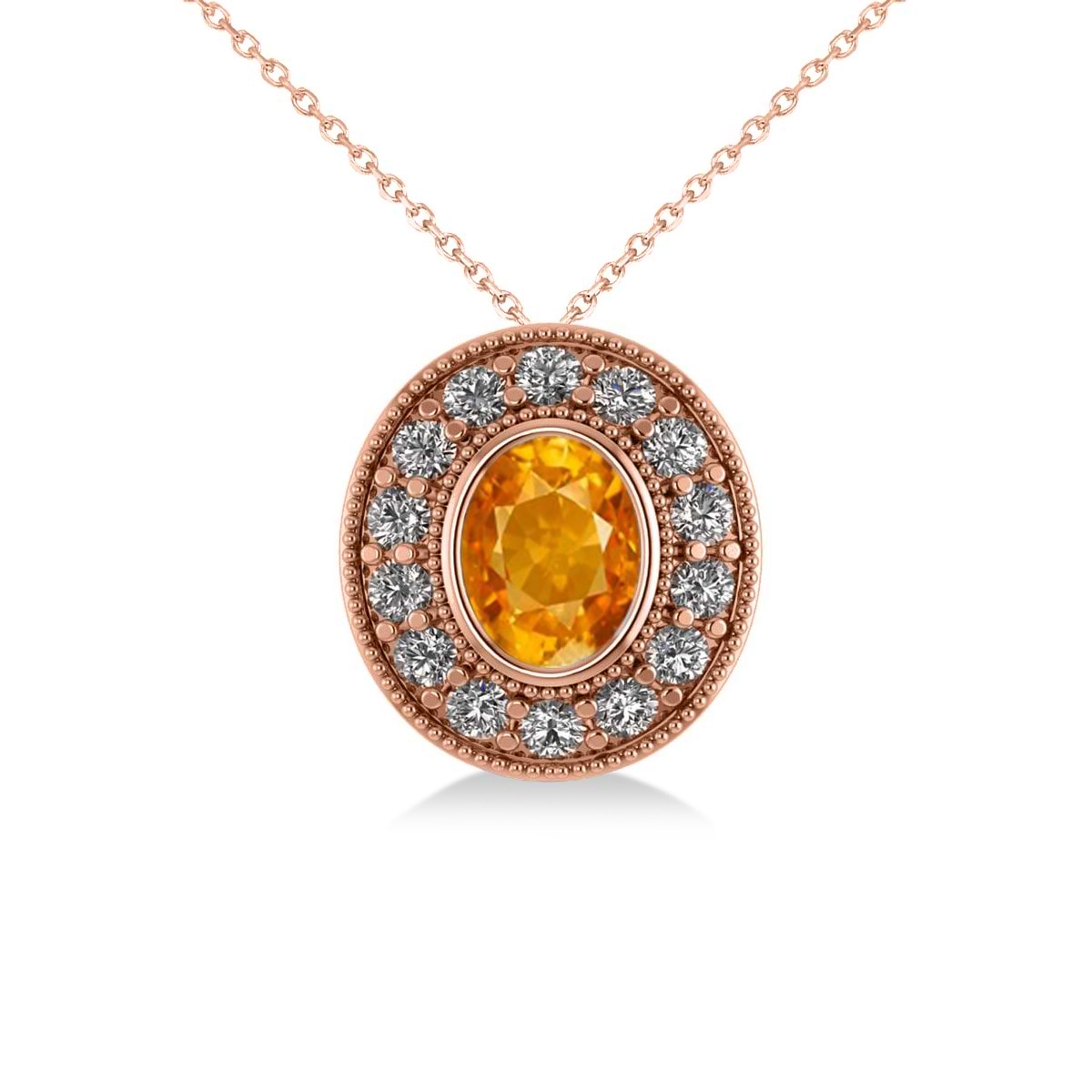 Citrine & Diamond Halo Oval Pendant Necklace 14k Rose Gold (1.27ct)