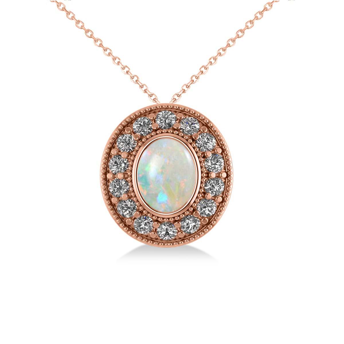 Opal & Diamond Halo Oval Pendant Necklace 14k Rose Gold (0.89ct)