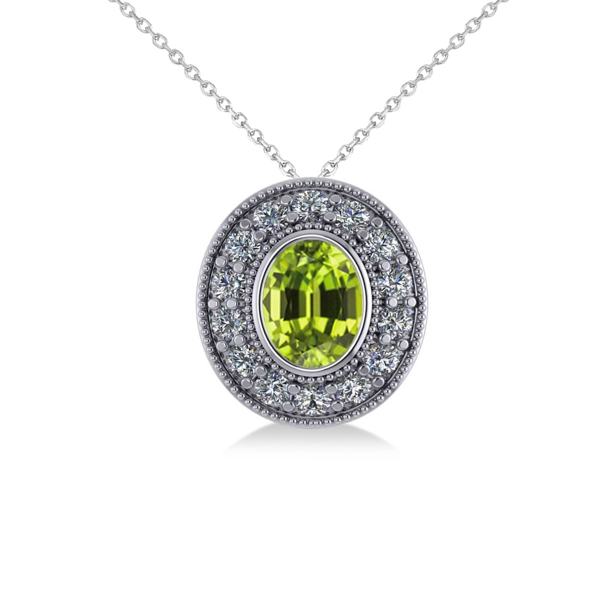 Peridot & Diamond Halo Oval Pendant Necklace 14k White Gold (1.37ct)