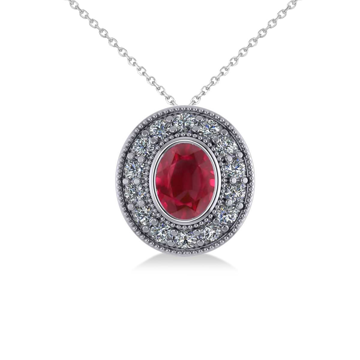 Ruby & Diamond Halo Oval Pendant Necklace 14k White Gold (1.48ct)