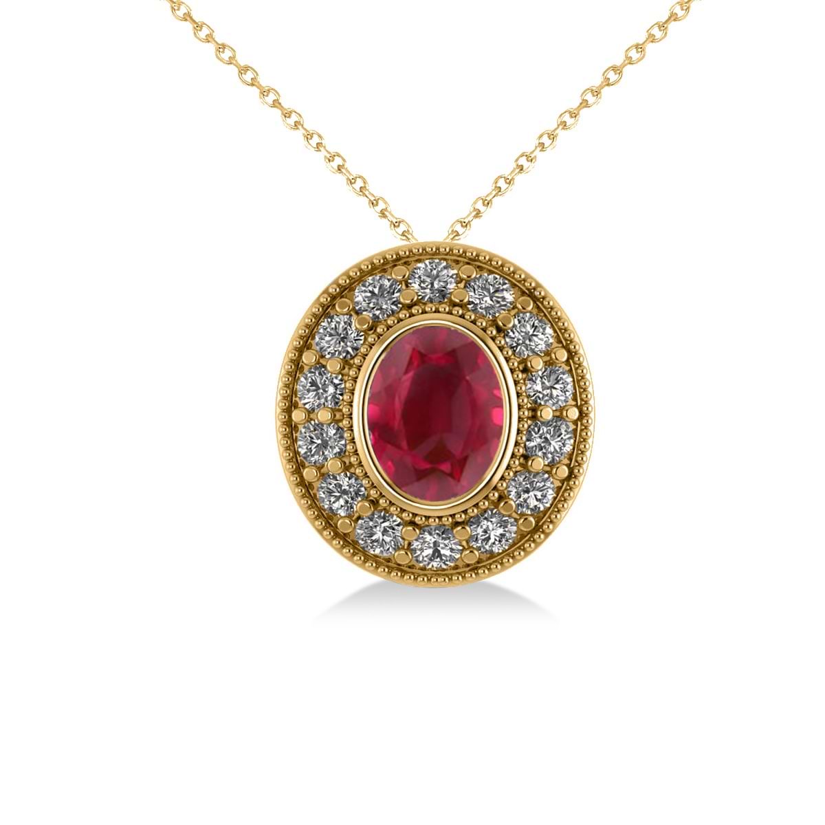 Ruby & Diamond Halo Oval Pendant Necklace 14k Yellow Gold (1.48ct)