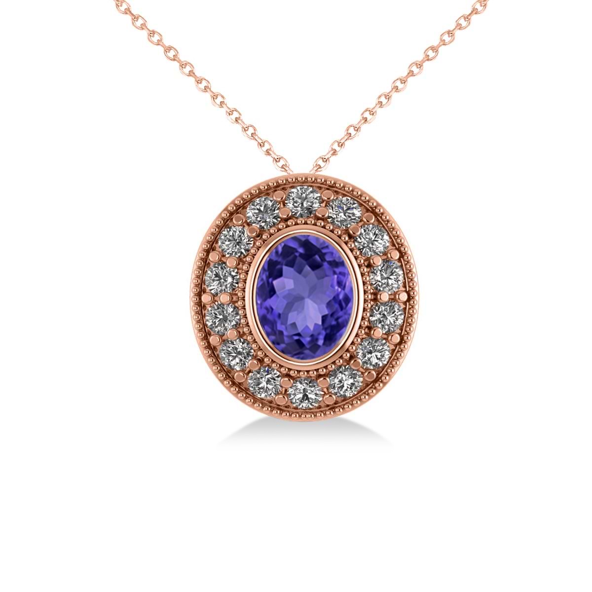 Tanzanite & Diamond Halo Oval Pendant Necklace 14k Rose Gold (1.31ct)