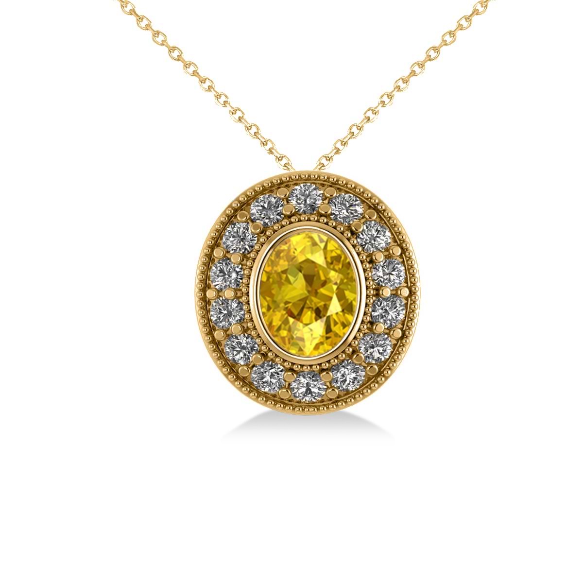 Yellow Sapphire & Diamond Halo Oval Pendant Necklace 14k Yellow Gold (1.42ct)
