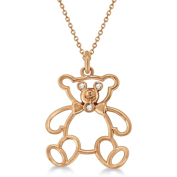 Bezel Set Diamond Teddy Bear Pendant Necklace 14k Rose Gold .03 ct