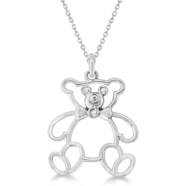 Bezel Set Diamond Teddy Bear Pendant Necklace 14k White Gold .03 ct