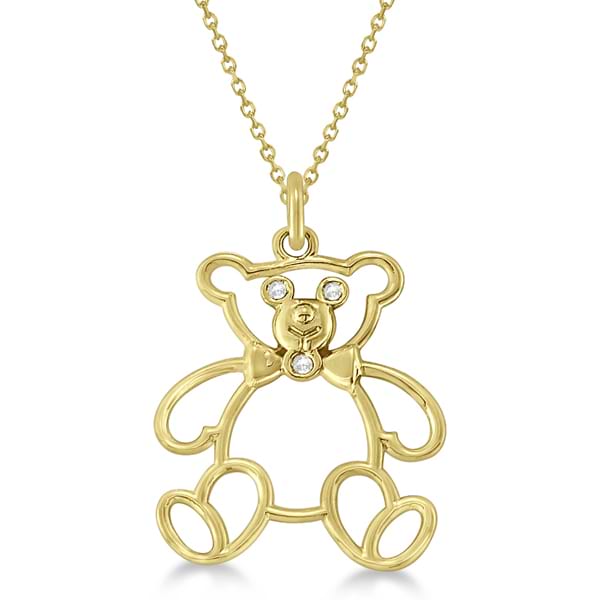 Bezel Set Diamond Teddy Bear Pendant Necklace 14k Yellow Gold .03 ct