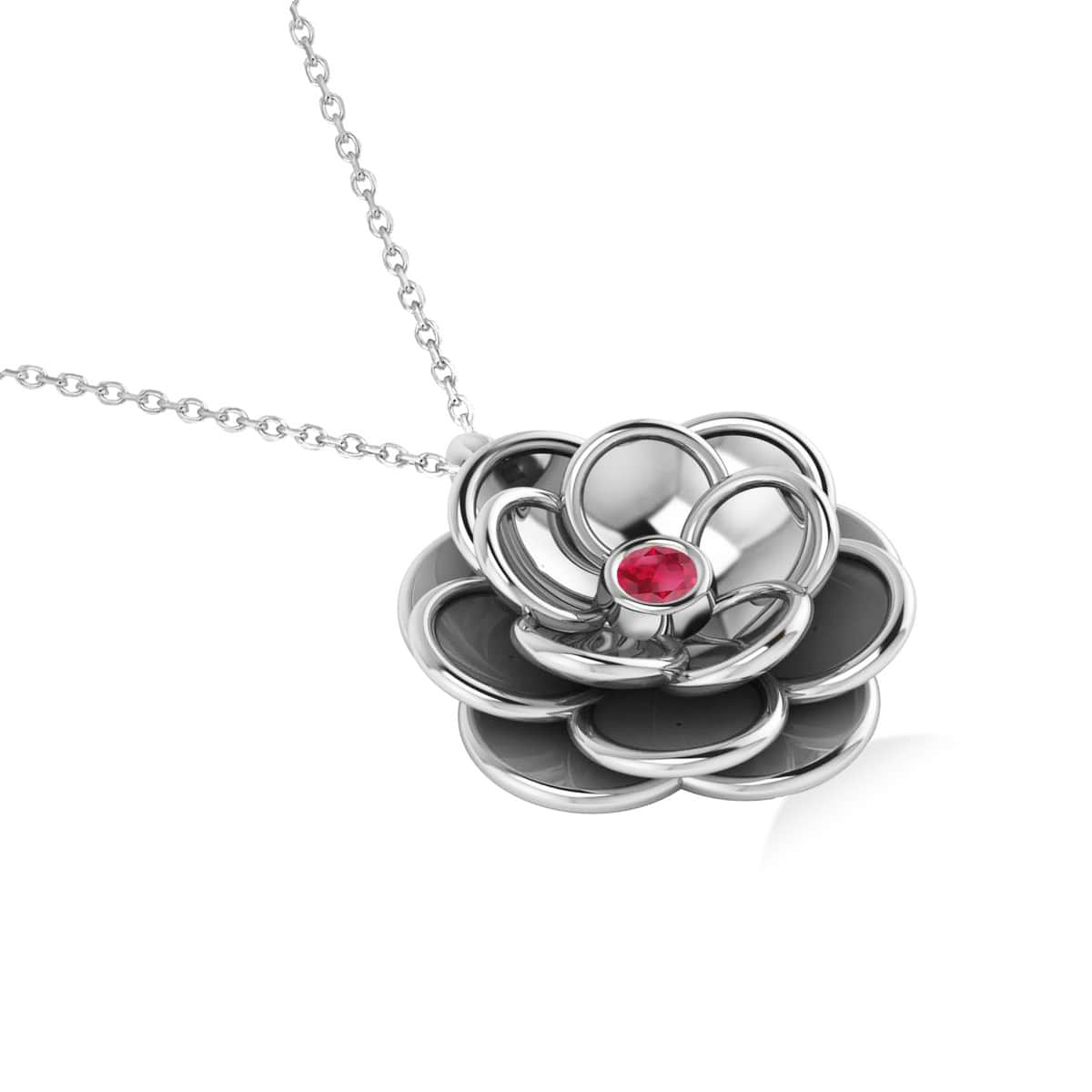 Ruby Round Flower Pendant Necklace 14k White Gold (0.05ct)