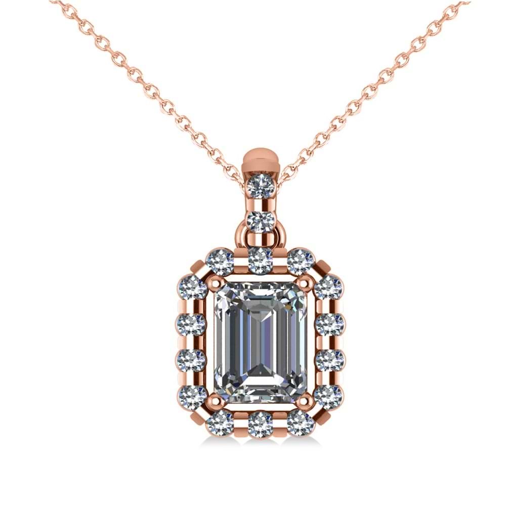 Emerald-Cut Diamond Halo Pendant Necklace 14k Rose Gold (1.30ct)
